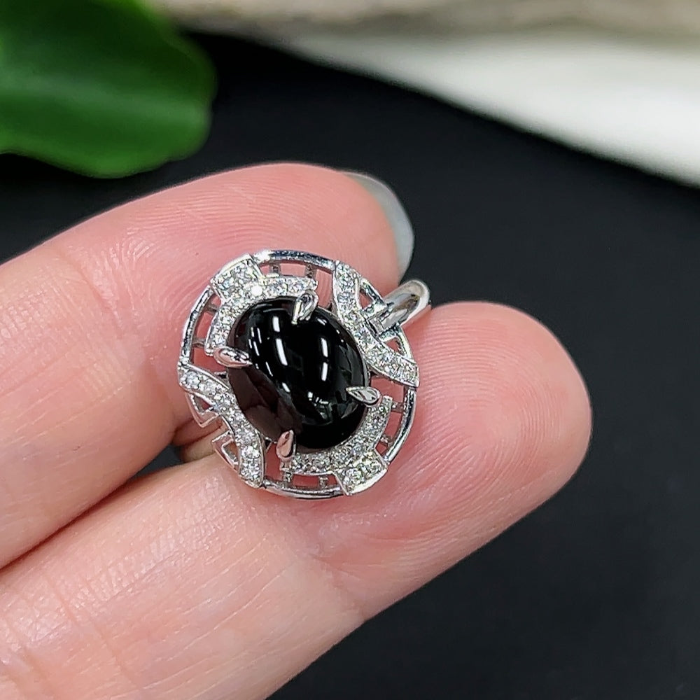 Jadeite inlaid ring with diamond accents, size 14, set in 18K gold, weighing approximately 4g, by HKHQ.