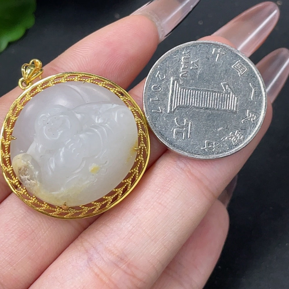 Hetian Jade Pendant - Buddha Figure, Undetermined Skin Color Origin, Contains Other Mineral Components, Total Weight Approximately 11.3g
