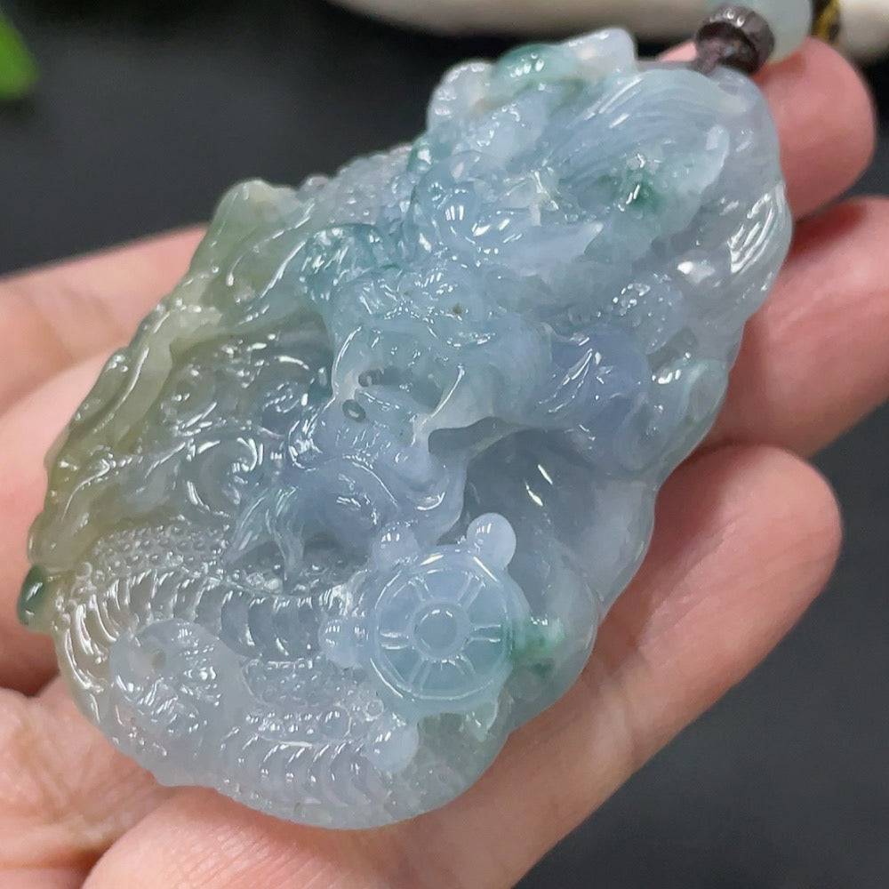 Jadeite Dragon Soaring pendant by HUILIU HQ featuring a detailed jade dragon design, weighs approximately 46.3g with rope included.