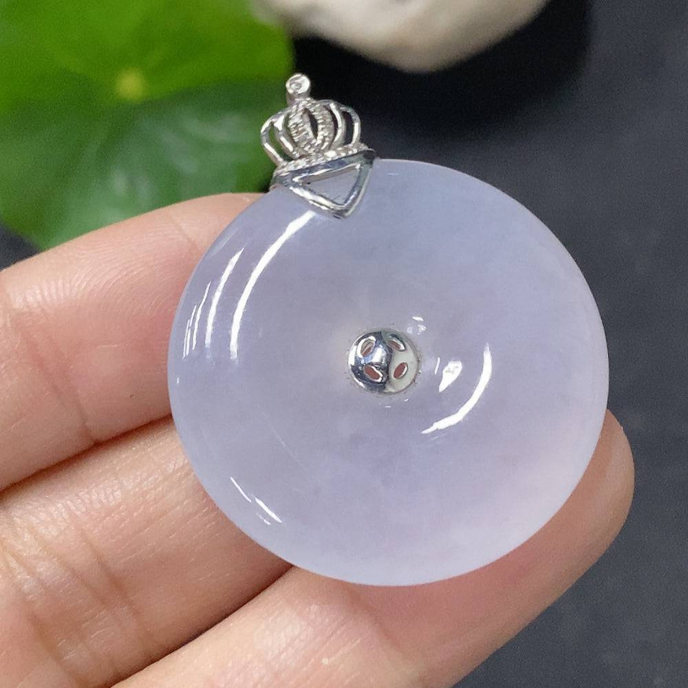 Huiliu Jadeite safety pendant with clasp and diamond accents, showcasing smooth green jade and detailed craftsmanship.