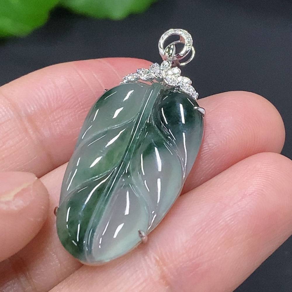 Huiliu Jadeite leaf inlay pendant with diamond accents, featuring detailed jade jewelry craftsmanship and natural leaf design.