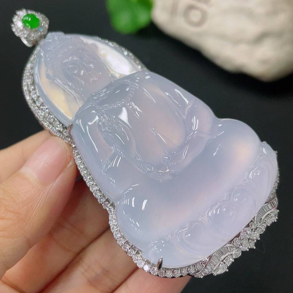 Jadeite Guanyin pendant with 18k gold and diamond accents, weighing approximately 56.27 grams, showcasing intricate craftsmanship.