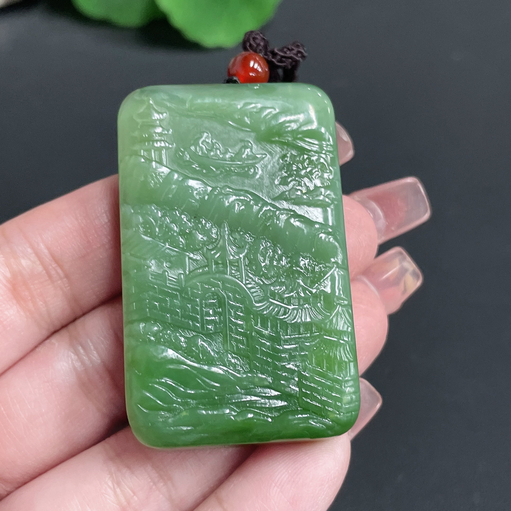 Hetian Jade Pendant Landscape Plaque with Rope | Huiliu Certified