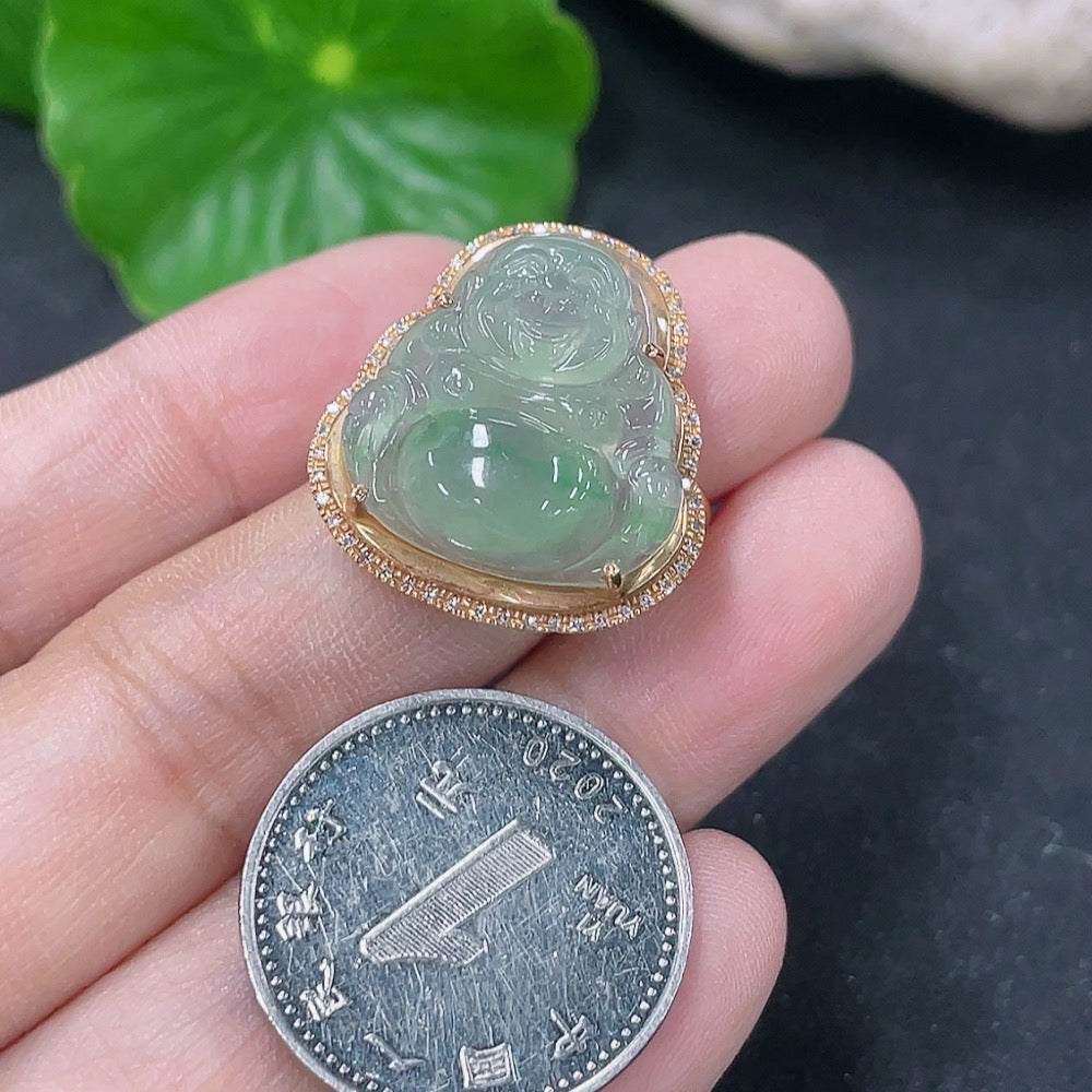 Elegant jadeite inlaid 18K gold ring with diamond accents, showcasing intricate craftsmanship and luxurious design by HKHQ.