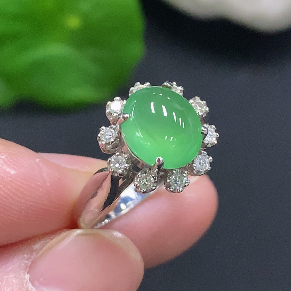 HUILIU HQ jadeite cabochon solitaire ring with diamond accents in 18K gold, size 14, featuring a smooth green jade stone.