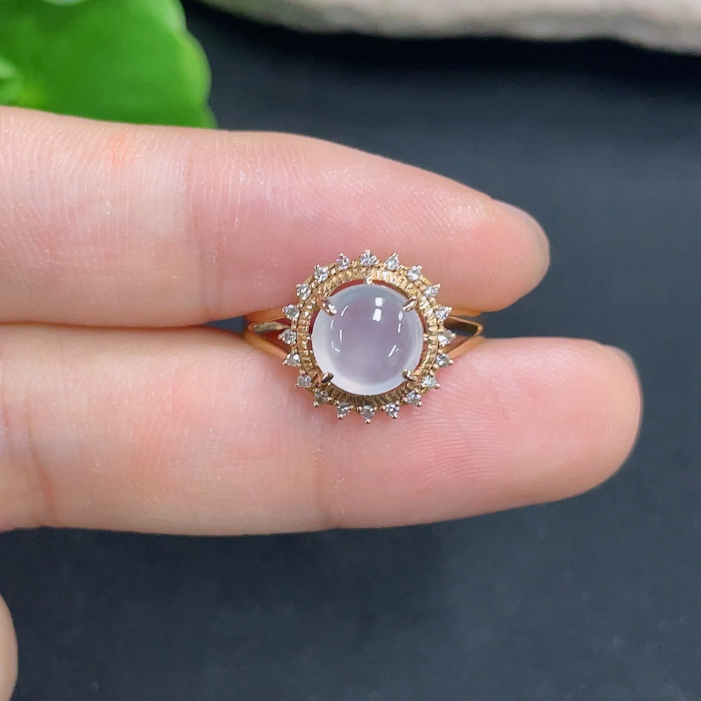 Jadeite cabochon ring with diamond accents in 18k gold, size 14, by HKHQ, featuring a polished jade gemstone and delicate diamond details