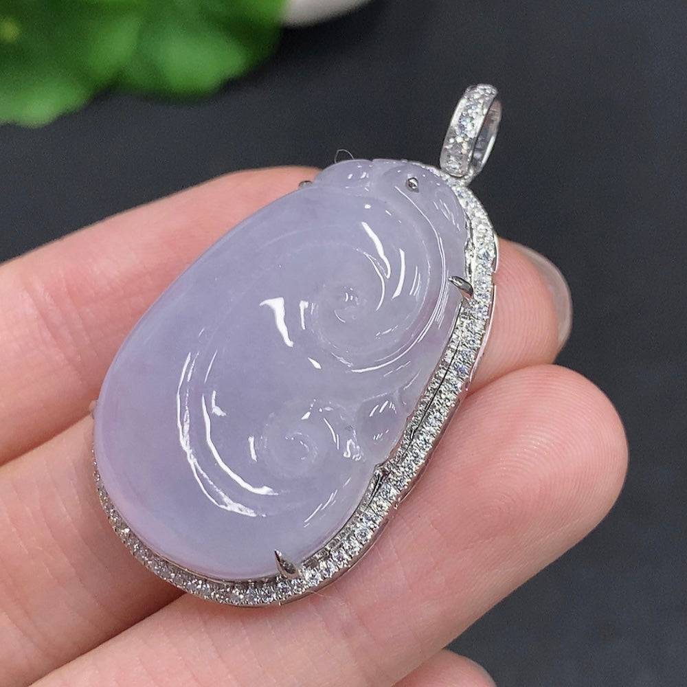 Huiliu Jadeite Ruyi pendant featuring smooth, polished jade with carved design, non-diamond, certified by Huiliu HQ.