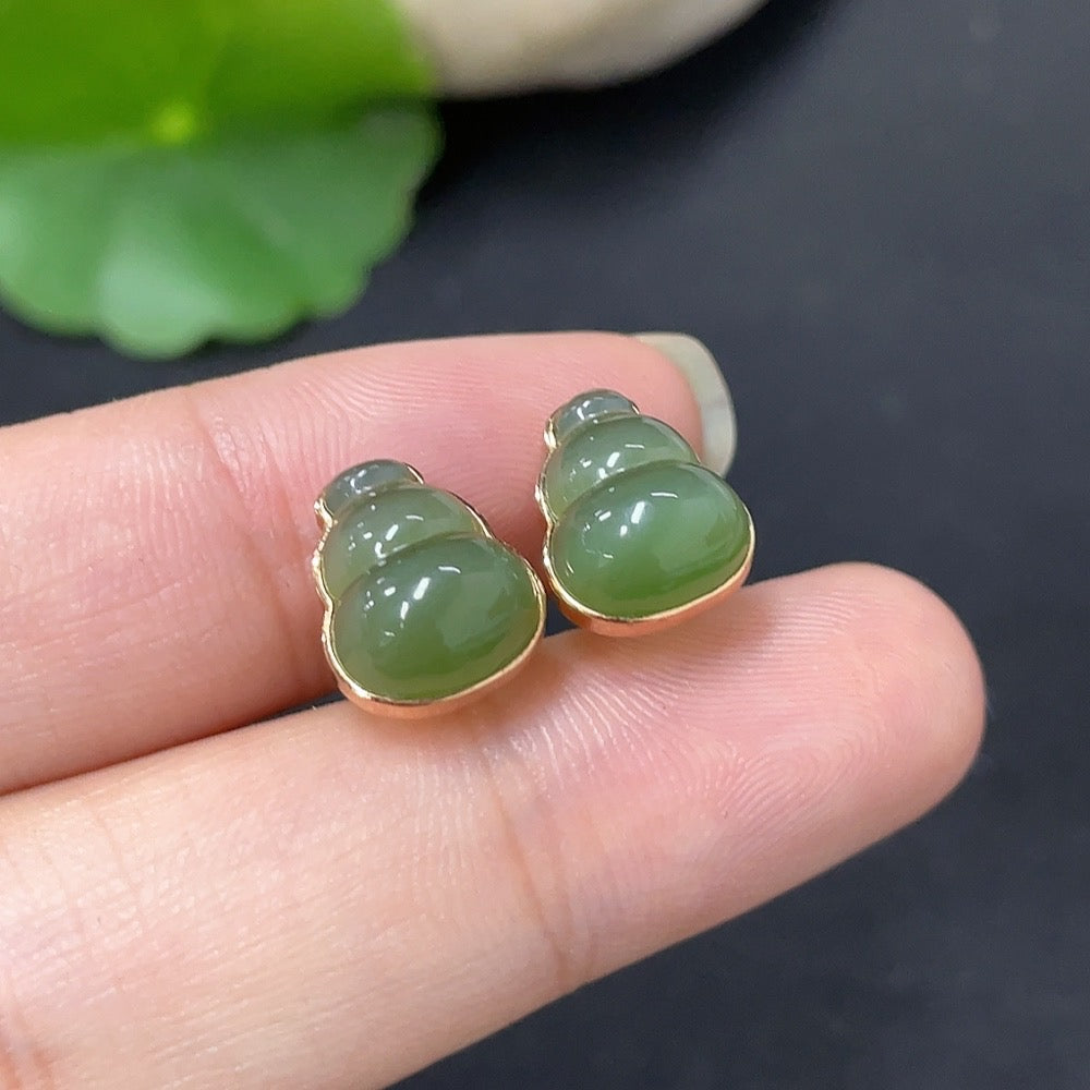 HKHQ Hetian Jade inlaid earrings with 18k gold, featuring elegant jade stones and gold ear stoppers, total weight 2.2g