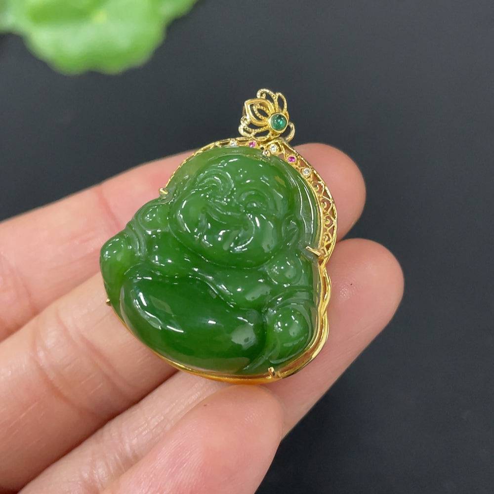 Huiliu HQ Hetian Jade Inlaid Buddha sculpture with non-diamond accents, showcasing detailed craftsmanship and smooth jade surface.