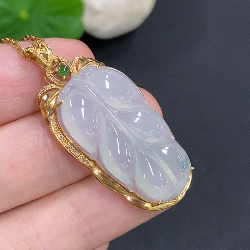 Jadeite Leaf Inlay Pendant 18K Gold with Diamond Accents
