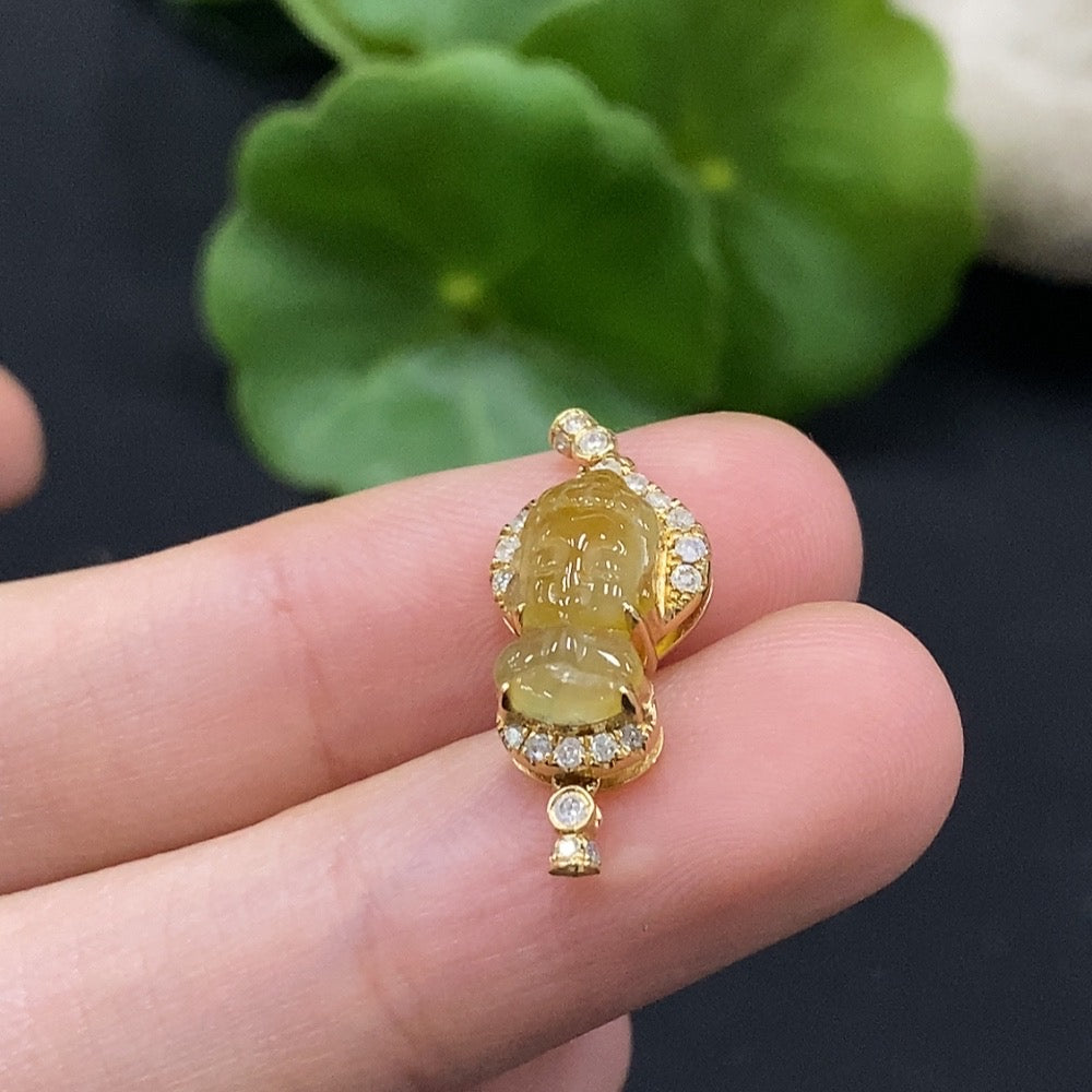 Jadeite Baby Buddha Inlaid Pendant No Hallmark, Content Tested, Diamond Accents, Approximately | Huiliu Certified