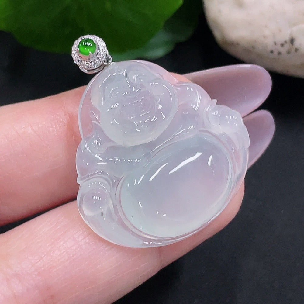 Huiliu HQ jadeite Buddha pendant with diamond accents, showcasing detailed carvings and polished green jade surface.