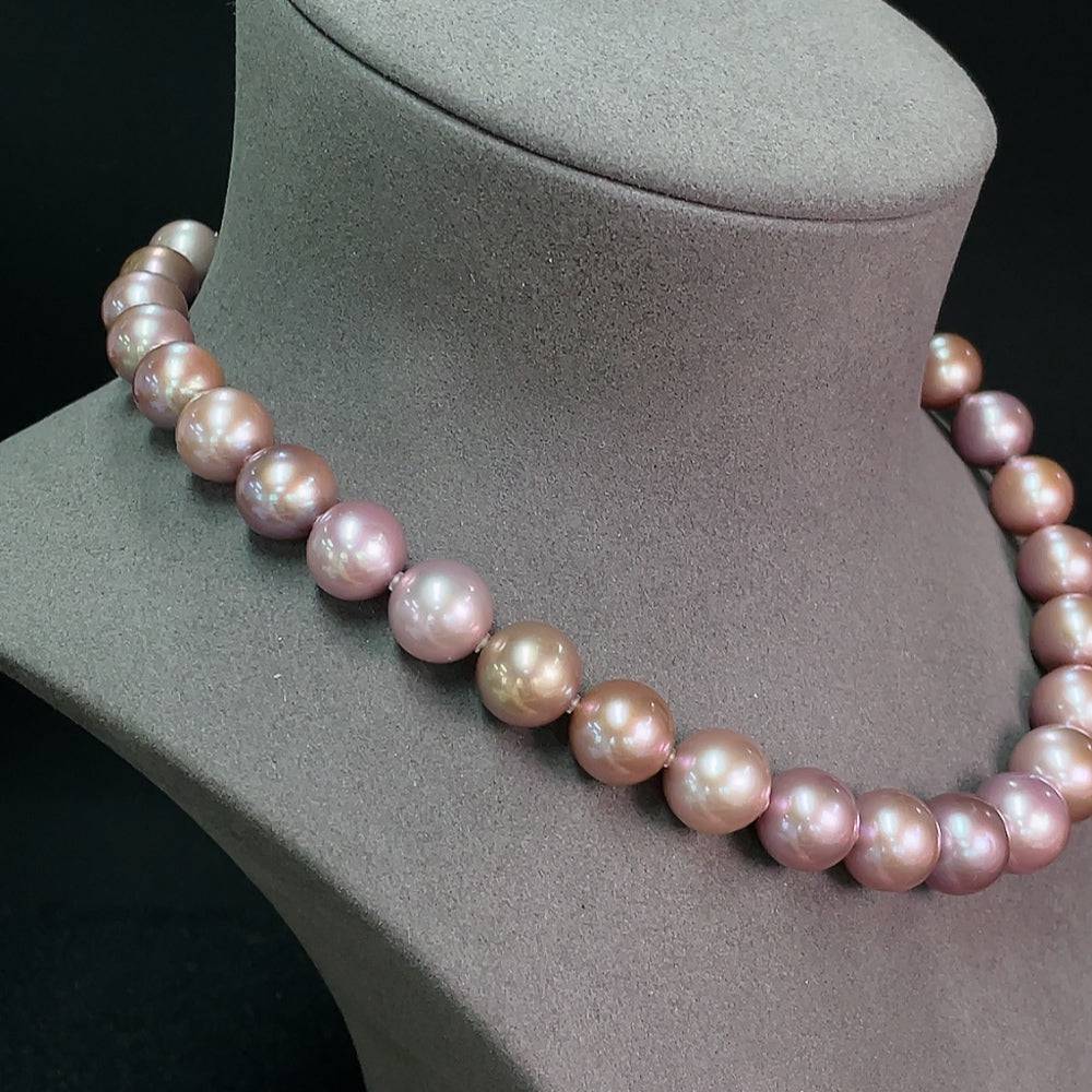 Huiliu certified pearl bead necklace featuring 14.1mm white pearls, elegant and smooth, displayed against a neutral background.