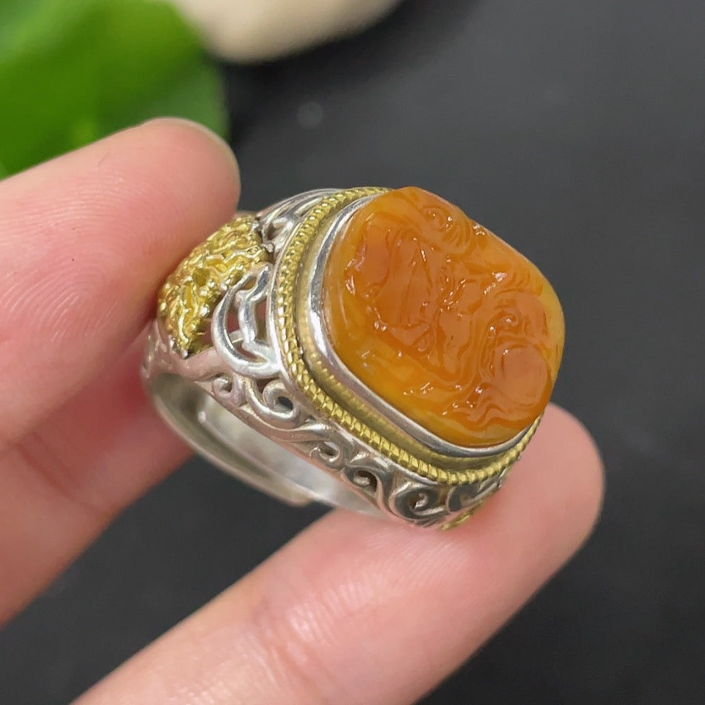 Huiliu Jade Inlaid Adjustable Ring featuring Hetian jade, crafted with intricate inlay design, on a neutral background.