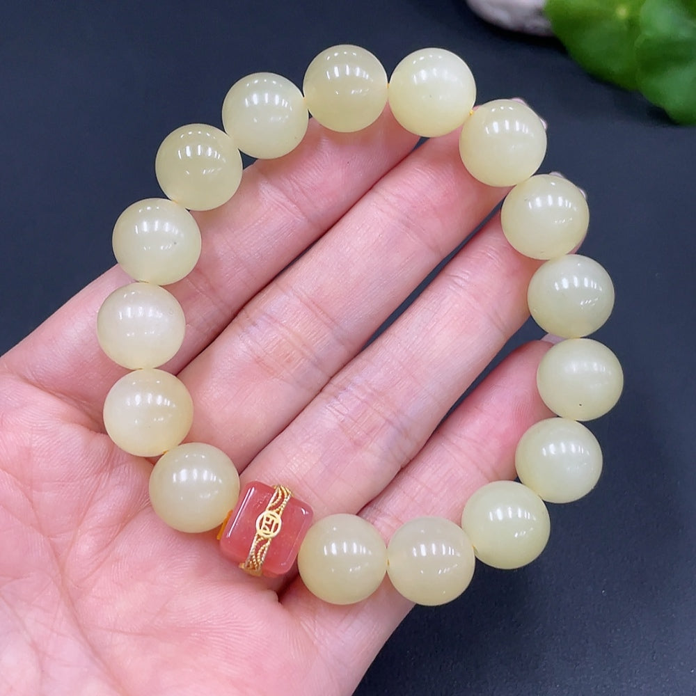 Hetian Jade Beaded Bracelet, Approx. 12mm, Total Weight Approx. 46.6g, Non-Hetian Jade Beads Included