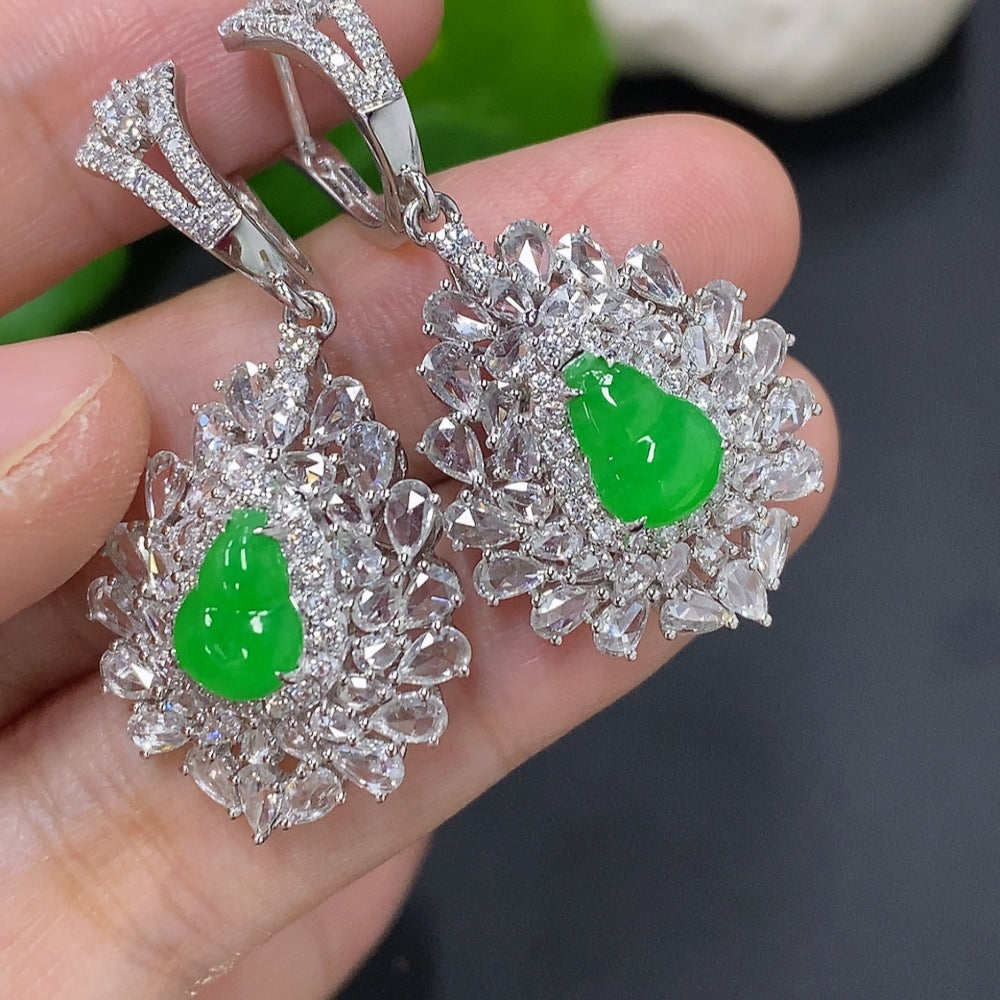 Jadeite Gourd Inlaid Earrings 18K Gold Total Weight Approx. 12.1g (with Diamond Accents)