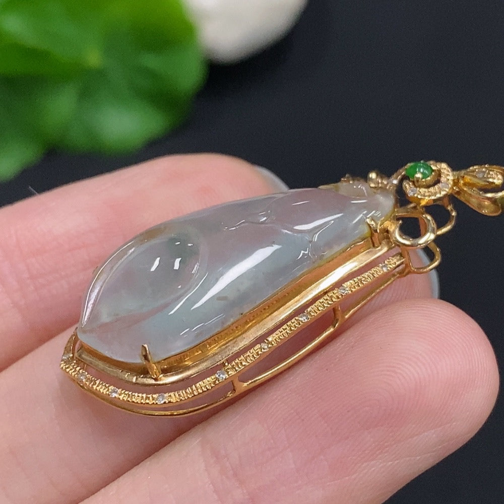 Huiliu Jadeite Magnolia pendant with diamond accents, featuring a detailed jade flower design, certified by Huiliu HQ.
