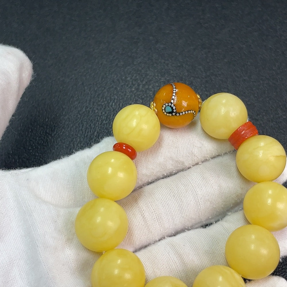 Amber Beeswax Bracelet, Approx. 16.4mm, Total Weight About 27.50g, Matched with Southern Red Agate