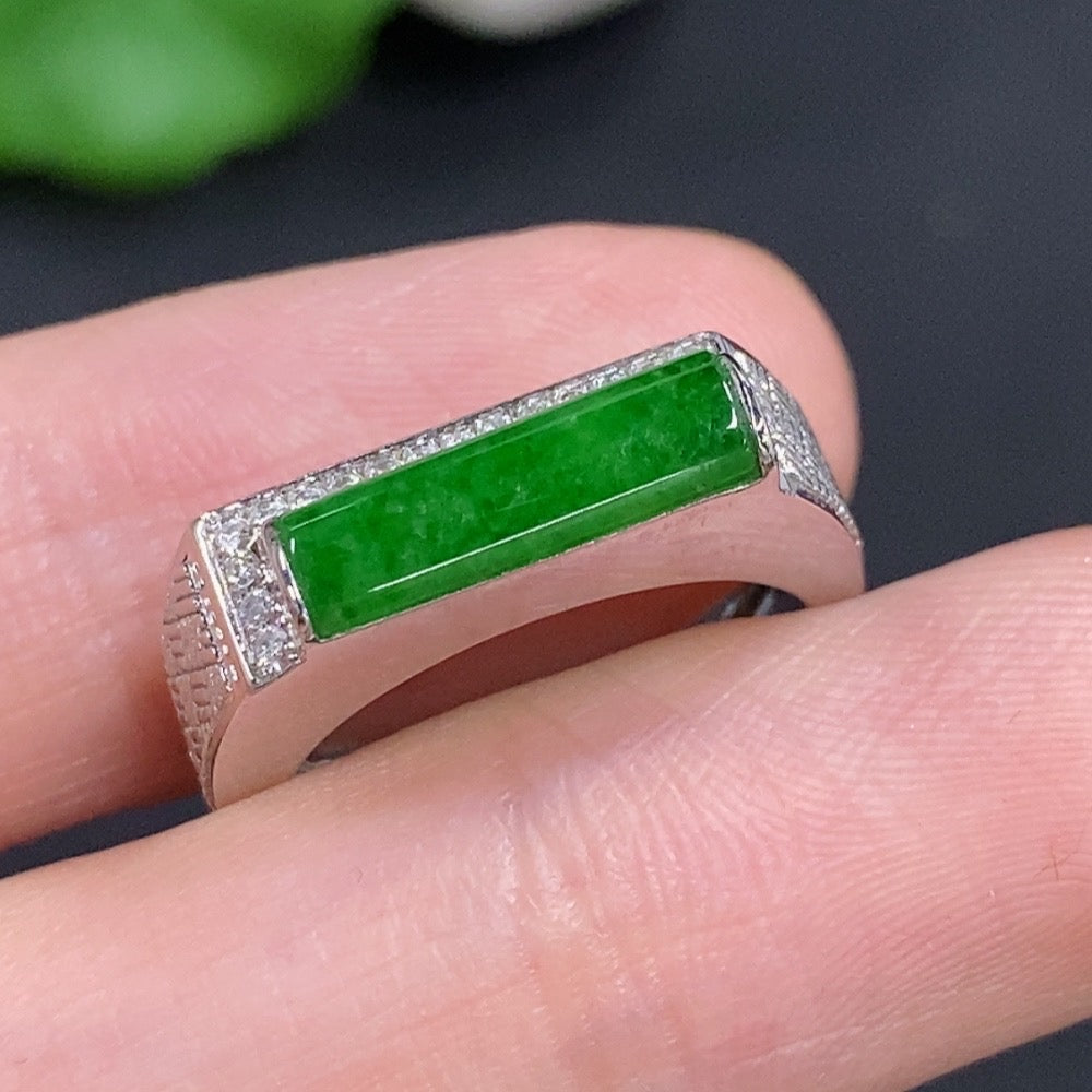 14K gold ring featuring a jadeite cabochon with diamond accents, designed by HKHQ.
