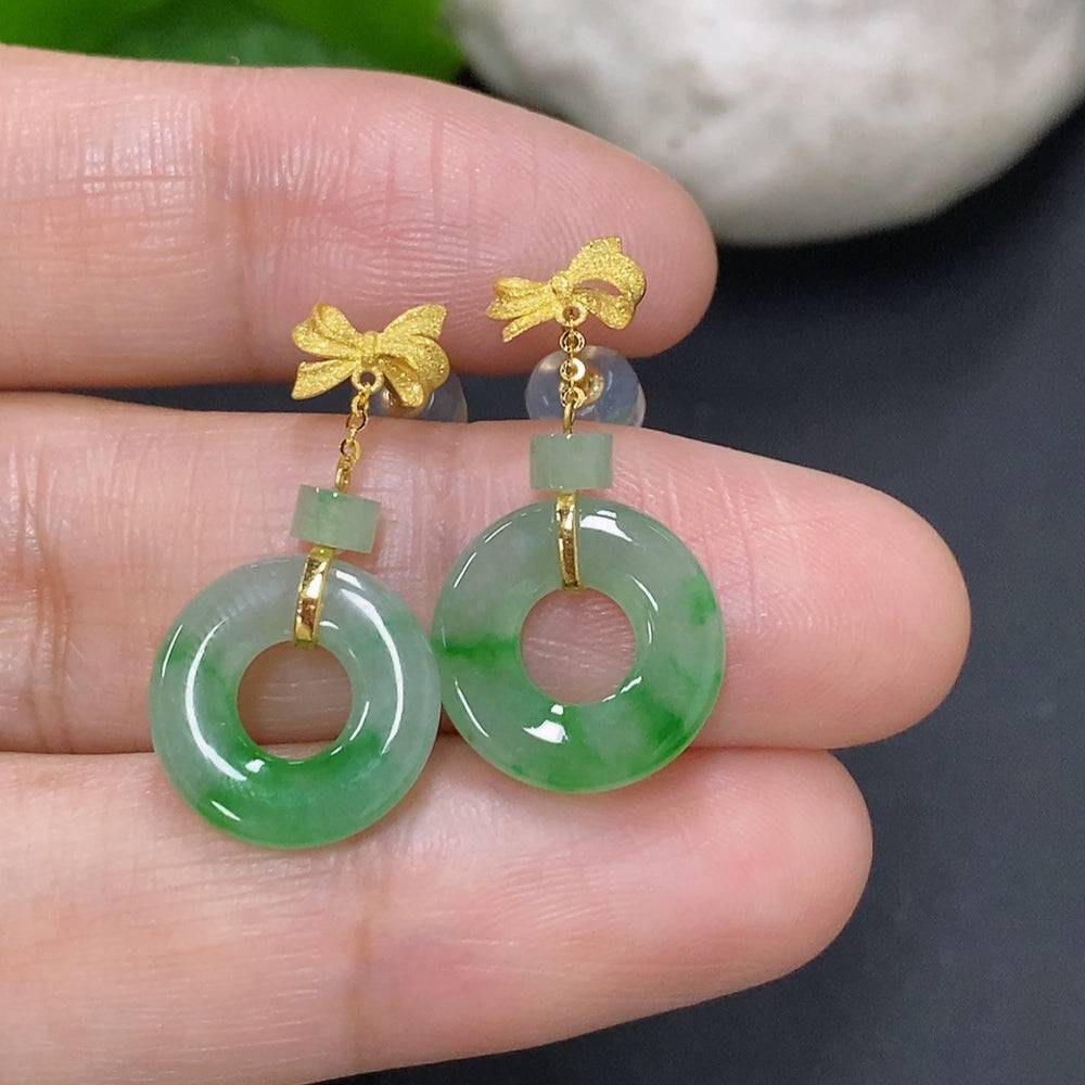 HUILIU HQ jadeite inlaid earrings with 18K gold, delicate design, approximately 2g, showcasing intricate jade inlay and gold craftsmanship.