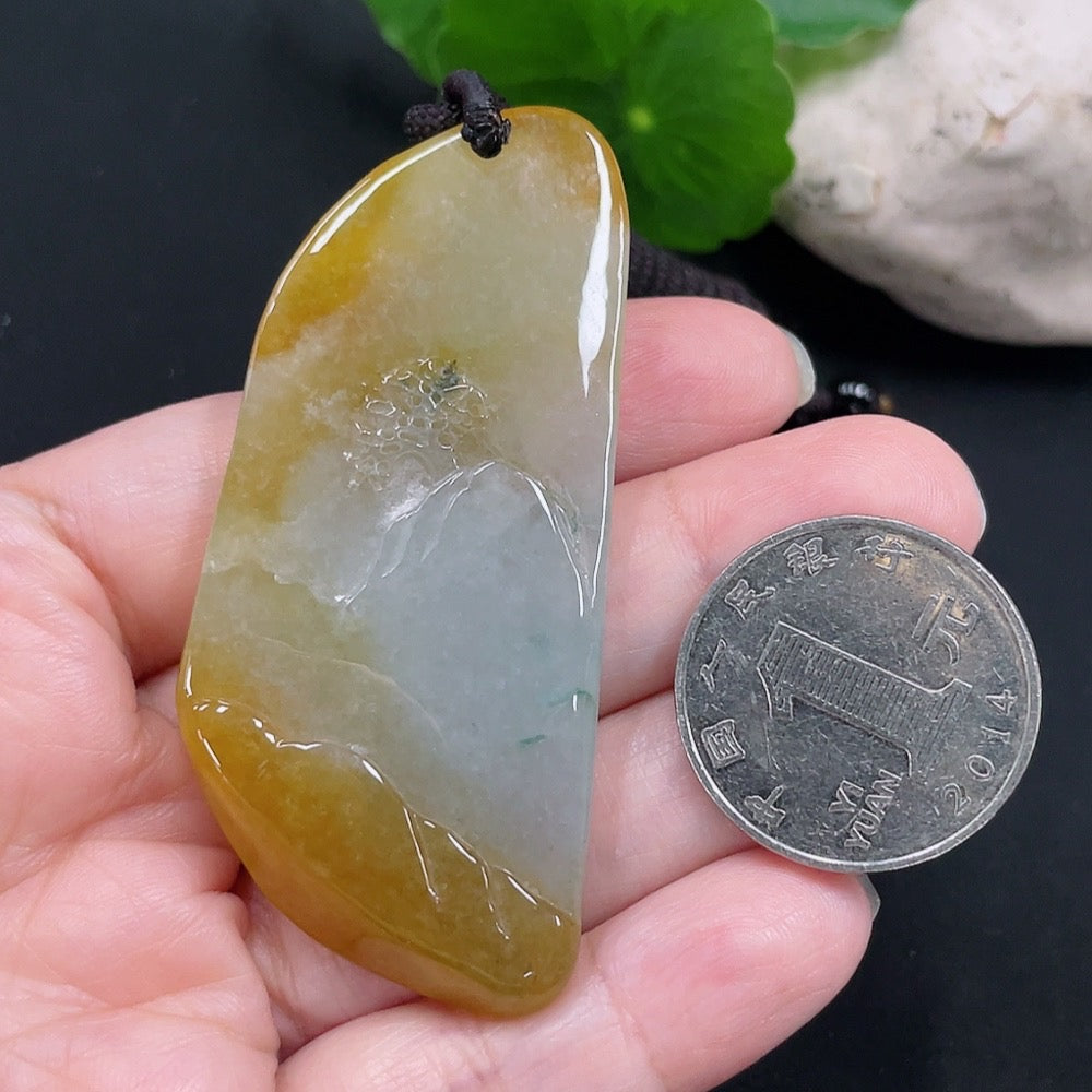 Jadeite landscape plaque pendant, total weight approx. 34.4g (including cord weight) (color origin undetermined)