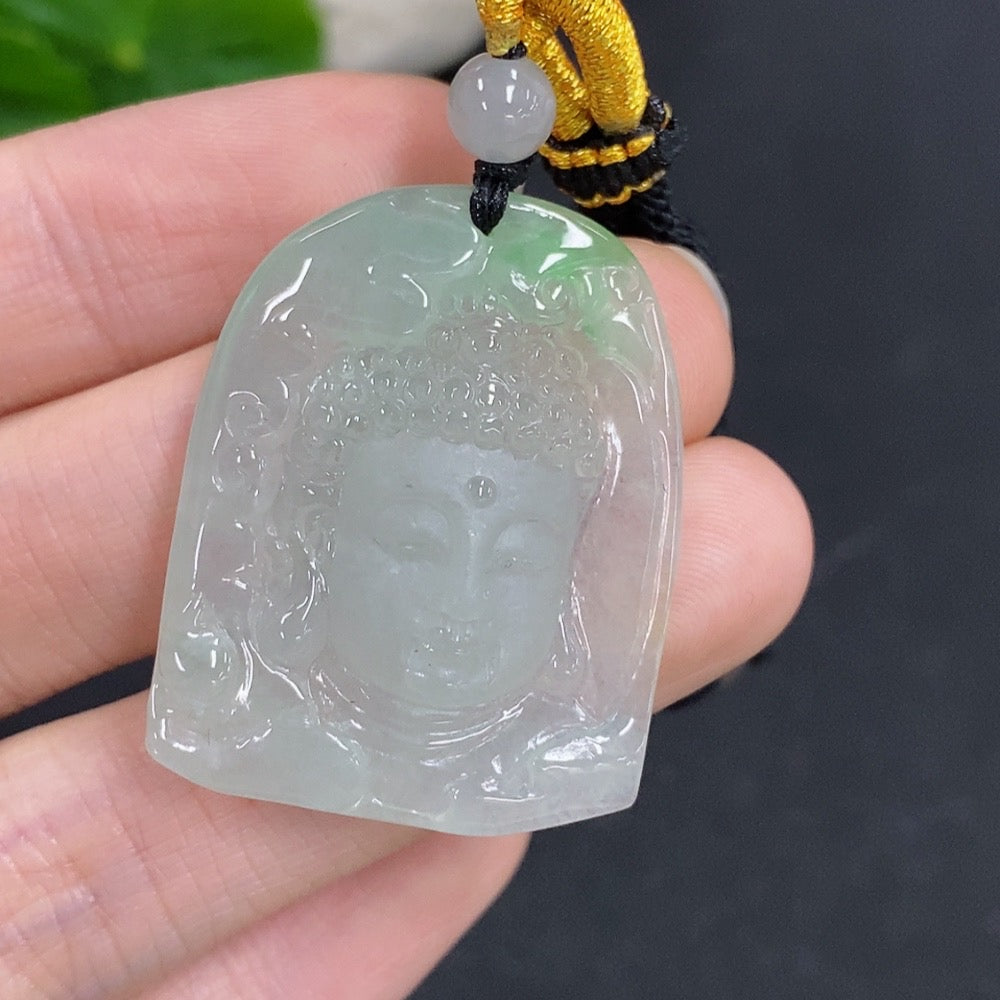 Jadeite Buddha amulet pendant with rope, weighing approximately 14.1g, crafted by HUILIU HQ, featuring a detailed Buddha design.