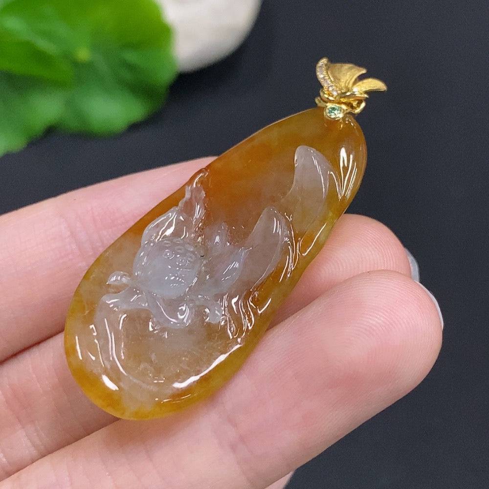 Huiliu Jadeite Auspicious Abundance Pendant with clasp, showcasing smooth green jade with detailed carvings and secure clasp.