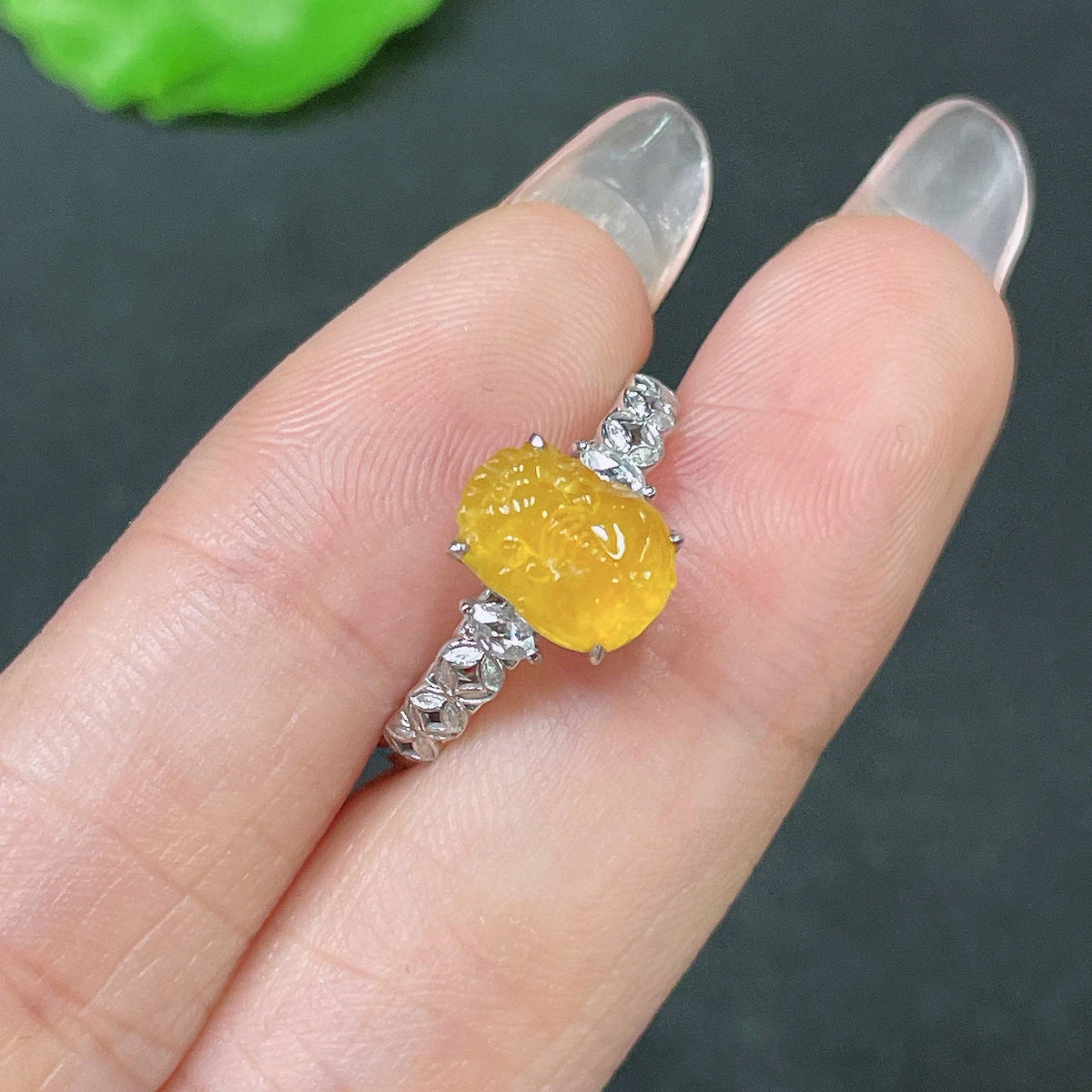 Jadeite inlay ring with 18k gold accents and diamond accents, size 13, crafted by HUILIU HQ, showcasing detailed craftsmanship.