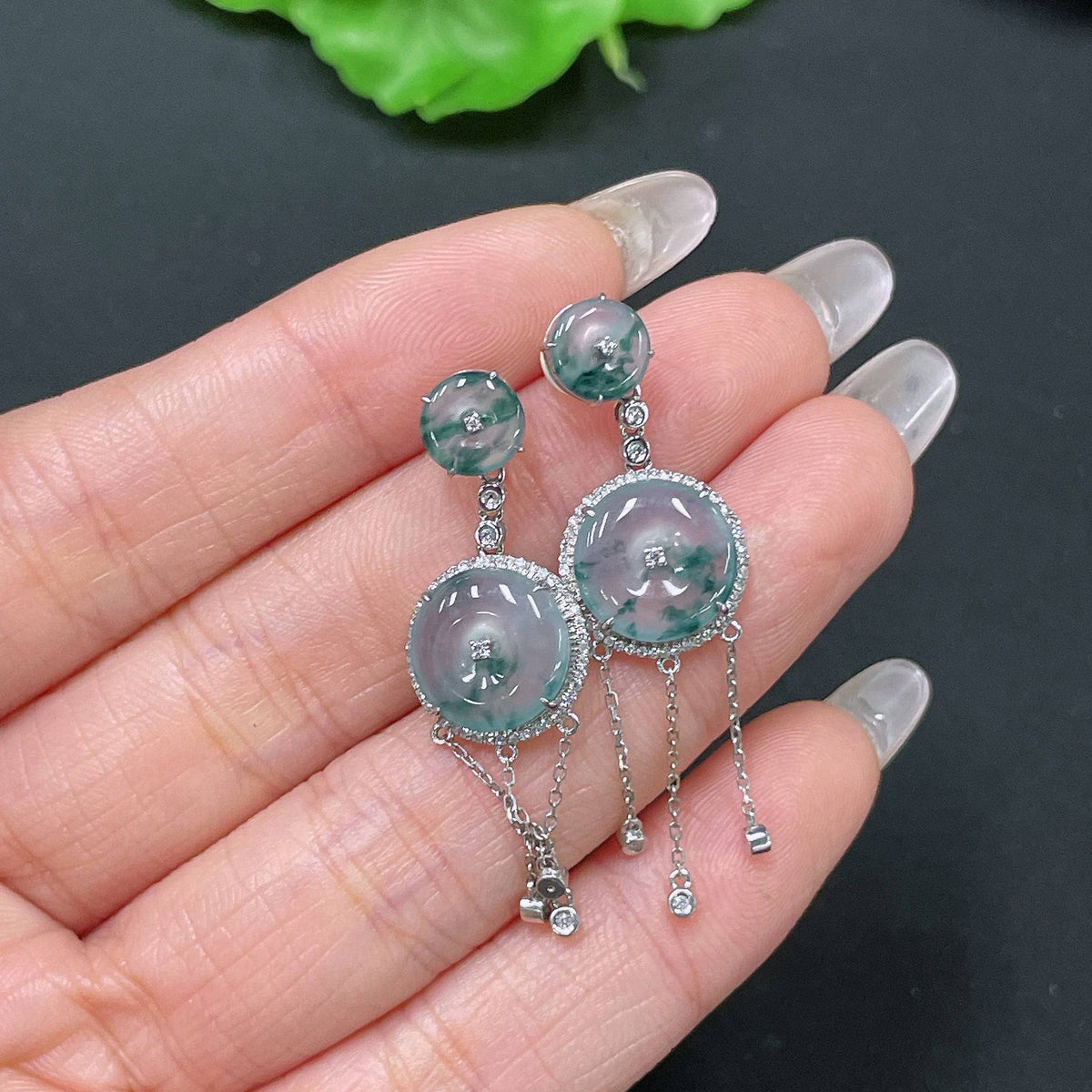 HUILIU HQ Jadeite safety buckle inlaid earrings with diamond accents and ear backs, showcasing elegant jade jewelry design.