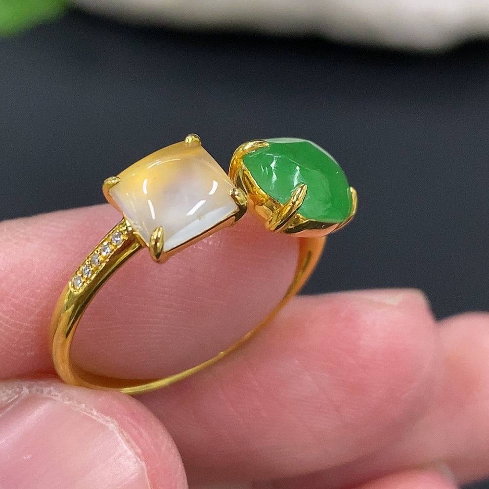 Jadeite inlaid 18k jade ring with diamond accents, size 13, from HUILIU HQ, showcasing intricate craftsmanship and elegant design.
