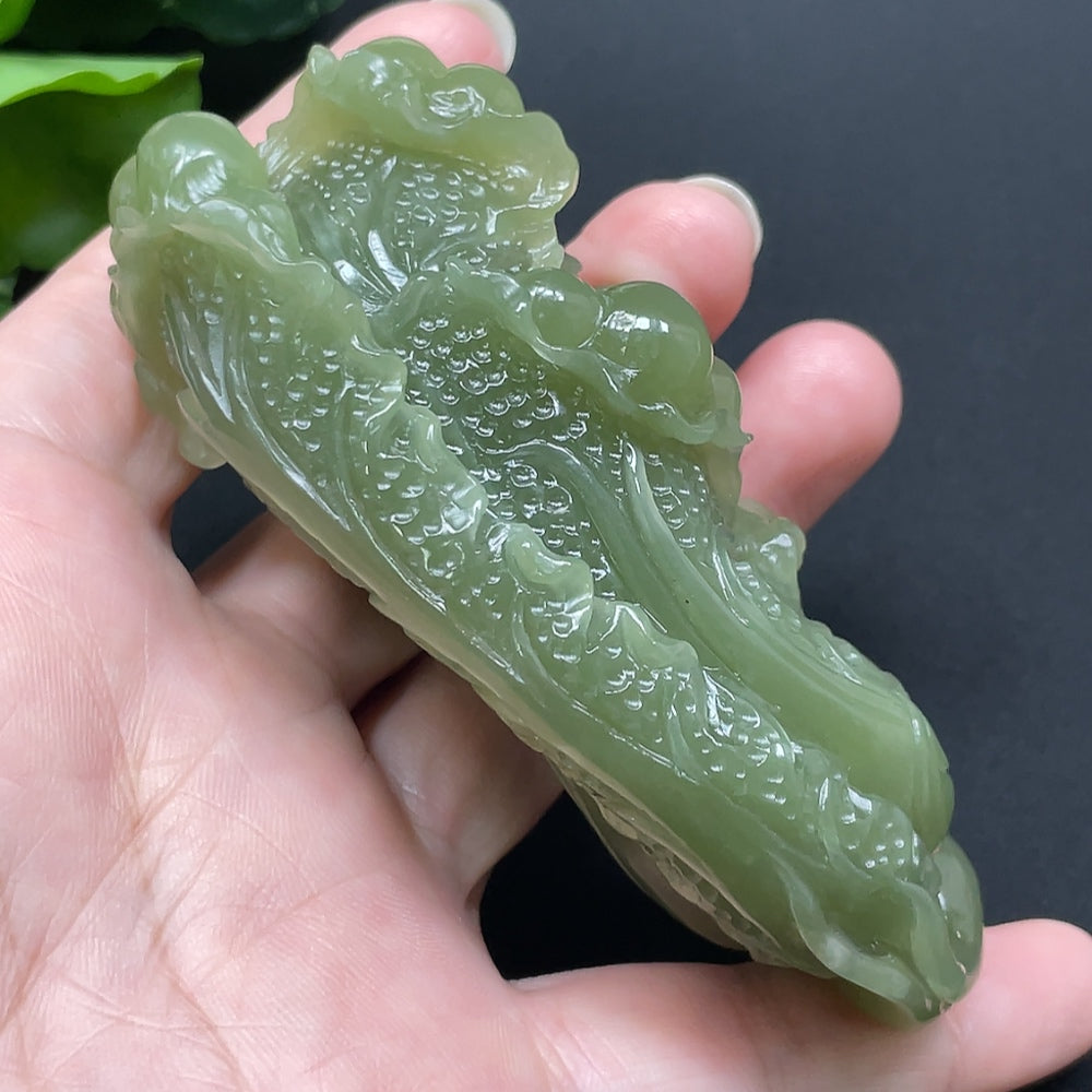 Hetian jade cabbage pendant necklace featuring a detailed green jade carving, elegant jewelry piece by HKHQ