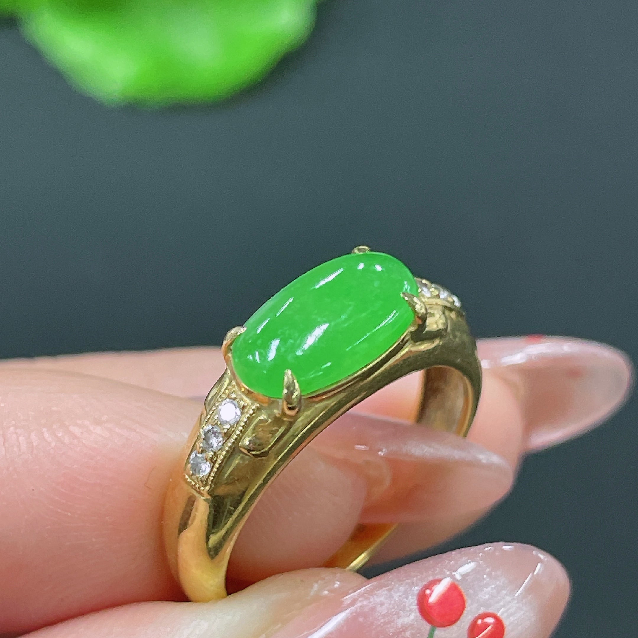 Jadeite Ring 18k Gold Set with Diamond, Total Weight Approx. 3.63g, Size 12