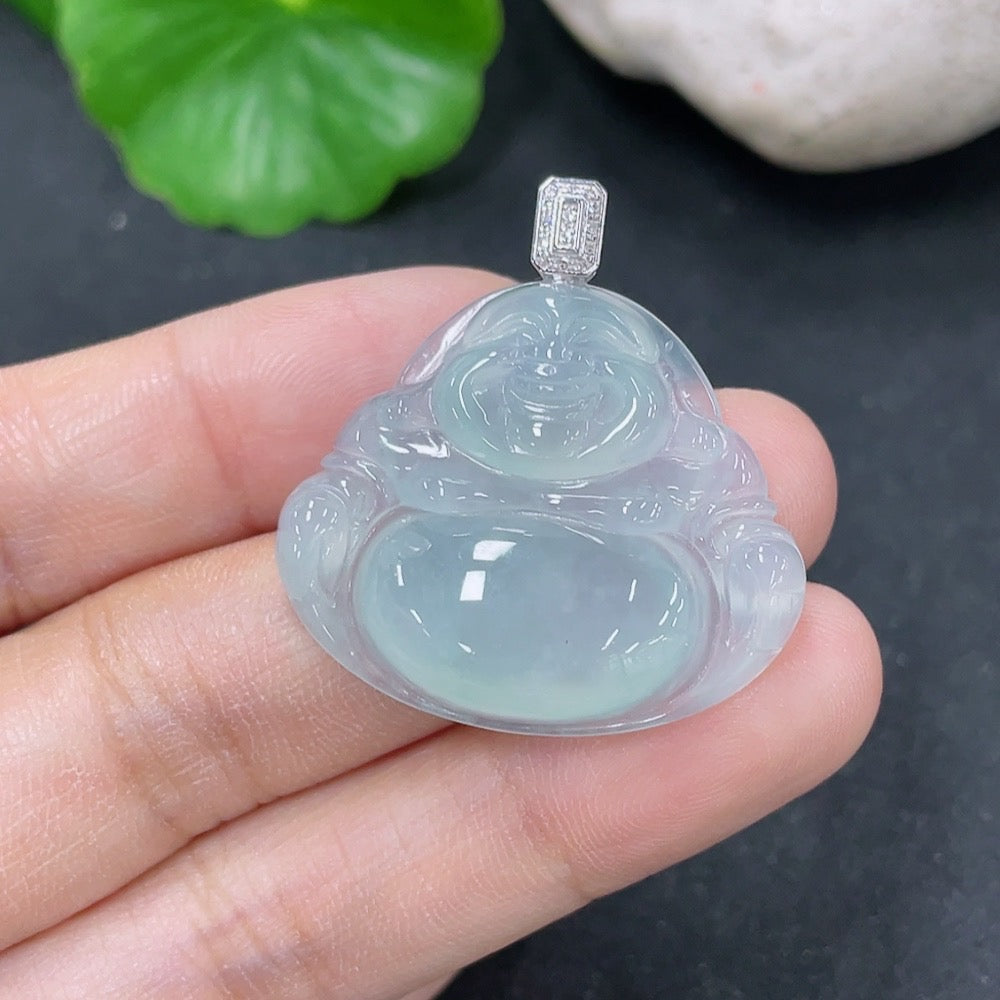 Jadeite Buddha pendant with 18K gold and diamond accents, featuring detailed carving, weighs approximately 5.82 grams.