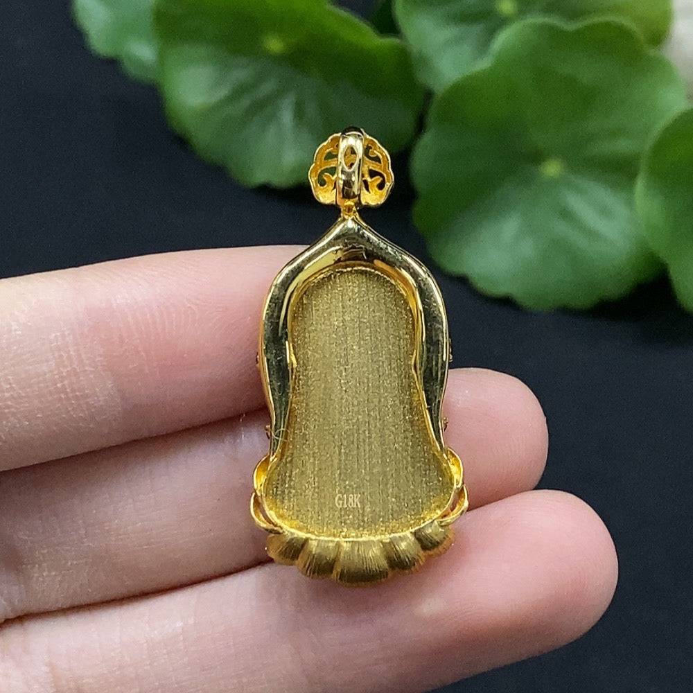 Jadeite Guanyin pendant with inlay, set in 18K gold, adorned with colorless diamonds, weight approx. 4.74g, by HUILIU HQ.