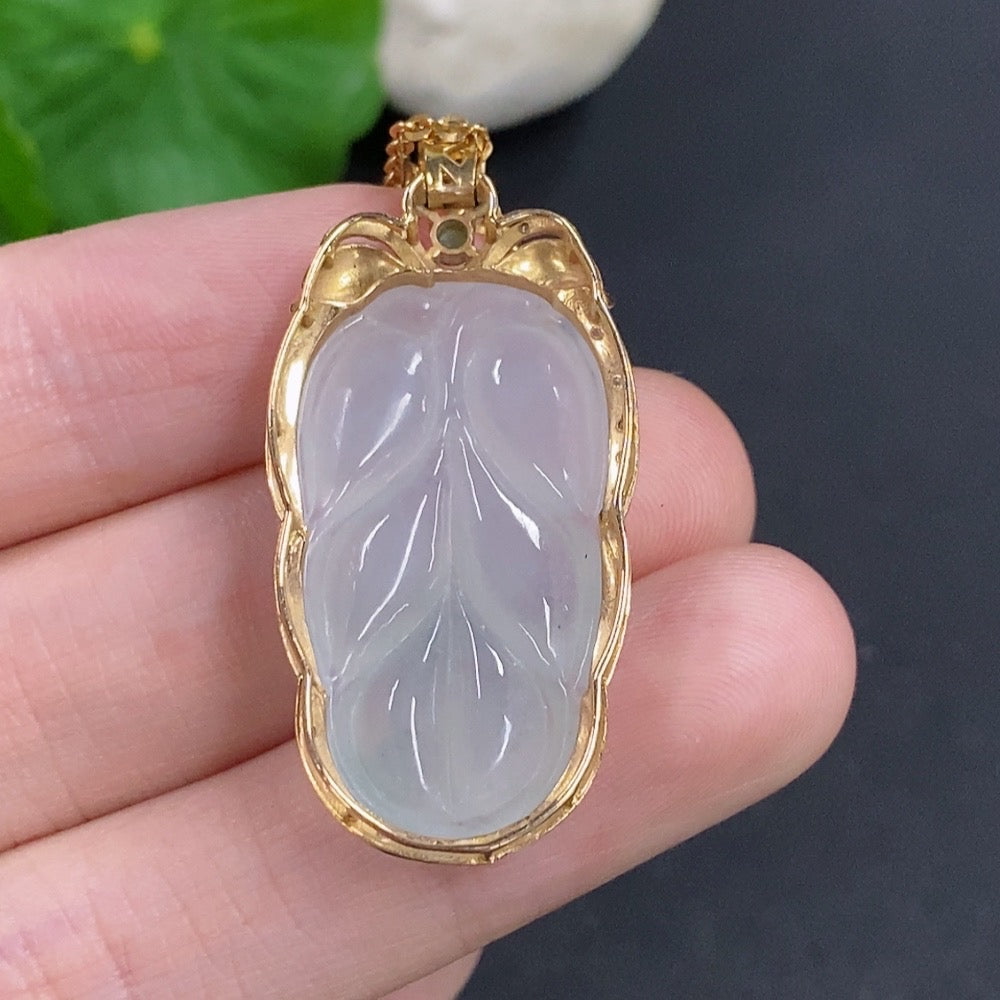 Jadeite Leaf Inlay Pendant 18K Gold with Diamond Accents