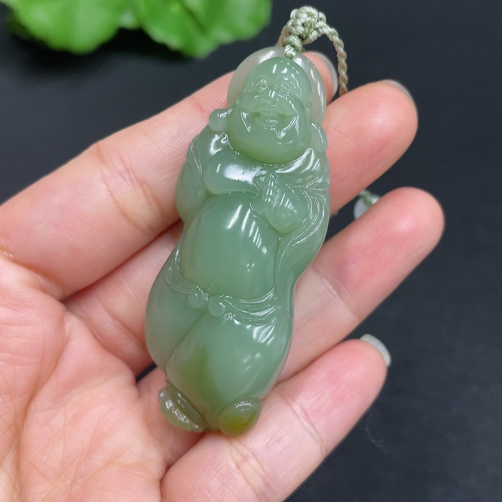 Hetian Jade Jasper Buddha pendant with rope and Huiliu-certified non-Hetian jade beads, featuring intricate craftsmanship and natural stone details.