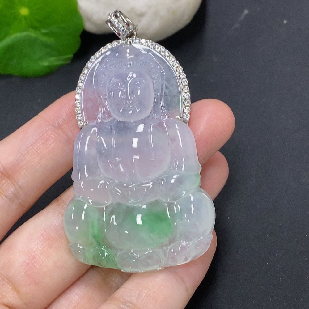 Jadeite Guanyin pendant with 18K gold inlay, showcasing intricate mineral details and polished jade figure, weighs approx. 21.1g.