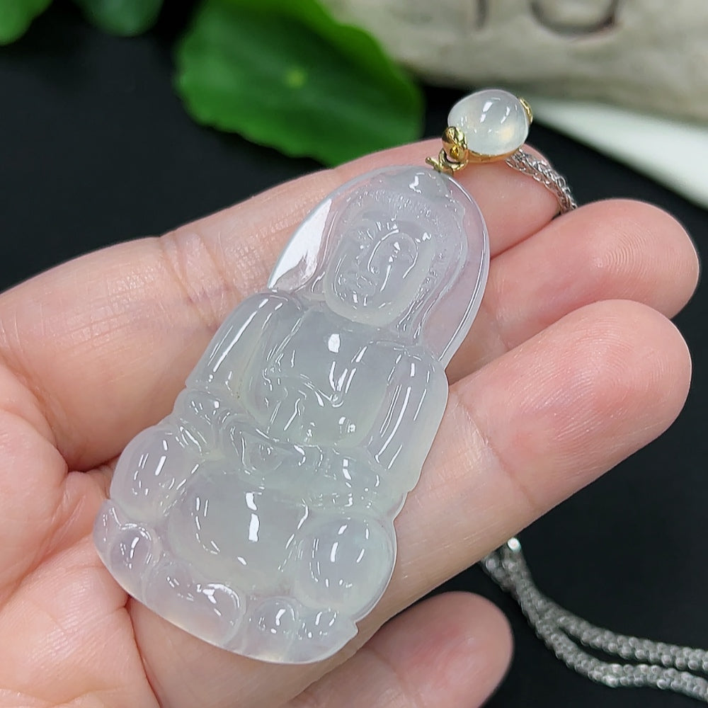 Jadeite Guanyin Pendant with 18K Gold, Pt950 Chain