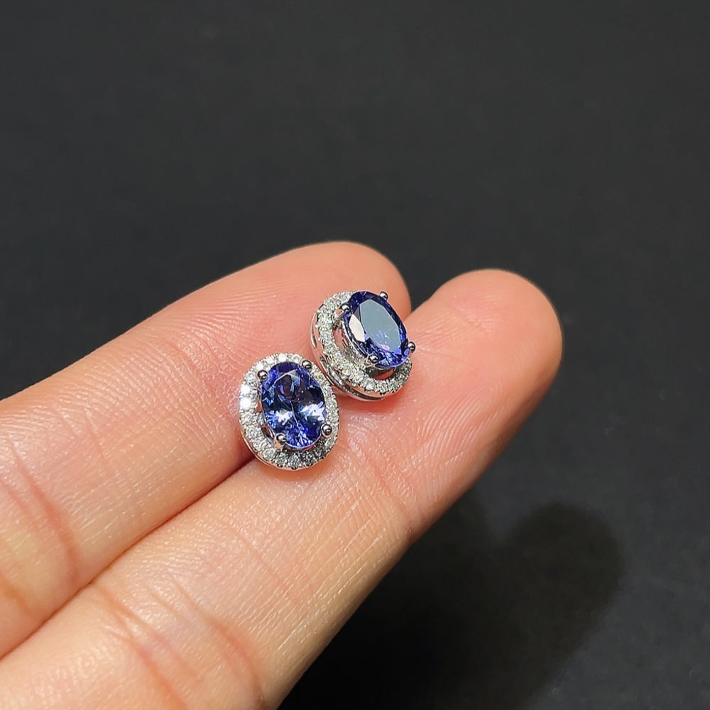 18K Gold Tanzanite Earrings with Diamond Accents, Total Weight Approx. 2.3g