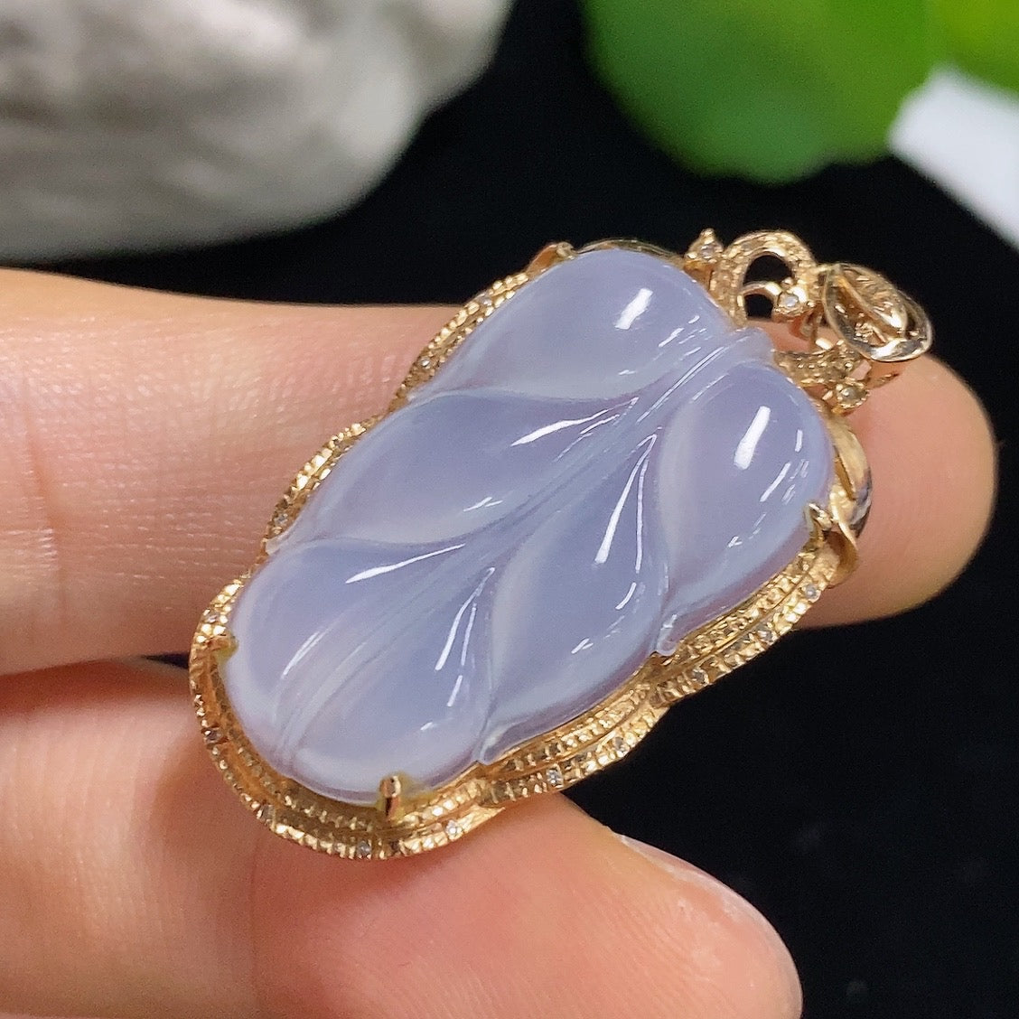 Jadeite Leaf Inlaid Pendant with 18k Gold and Diamond Accents