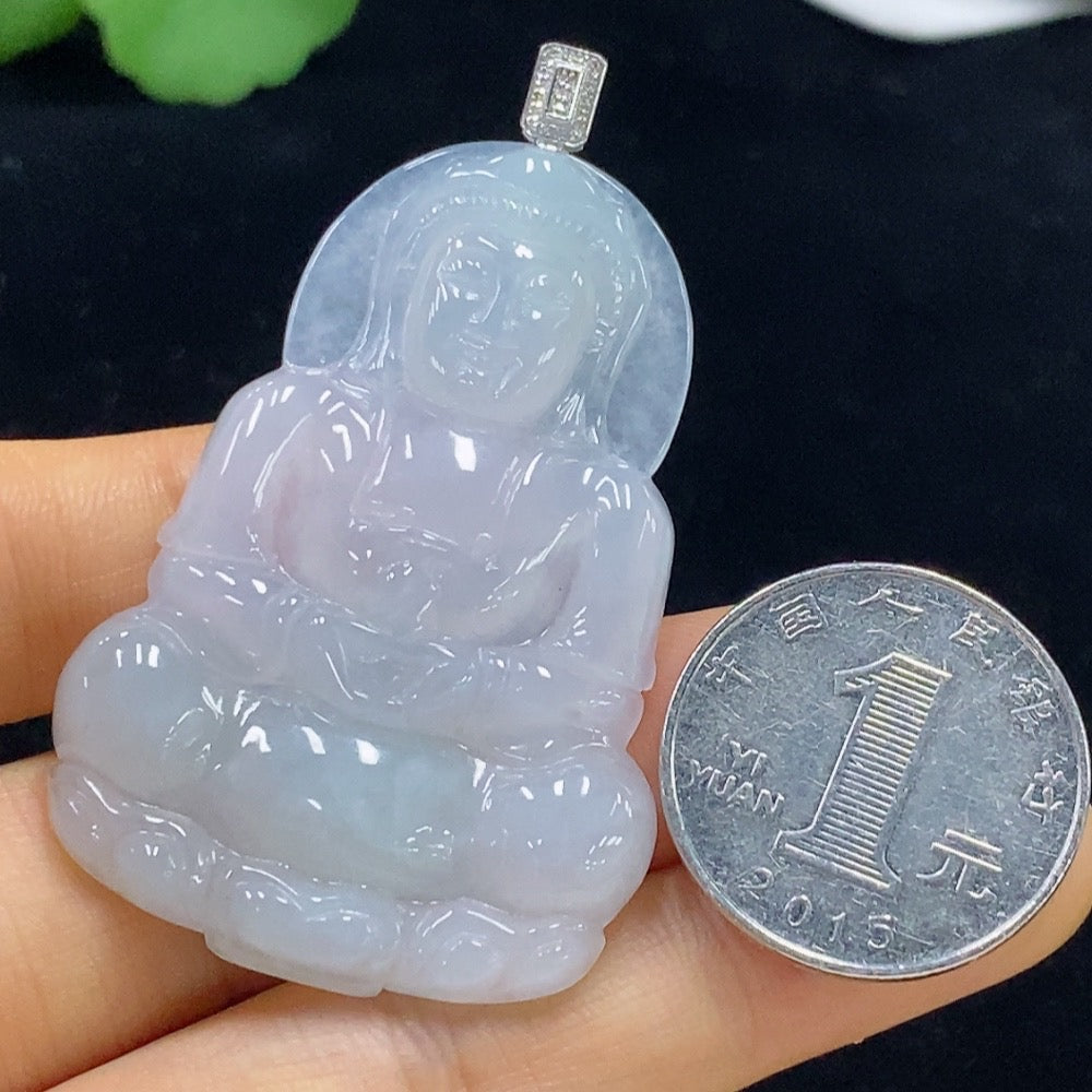 Jadeite Guanyin Pendant with 18k Gold and Diamond Accents, Total Weight Approximately 17.22 Grams