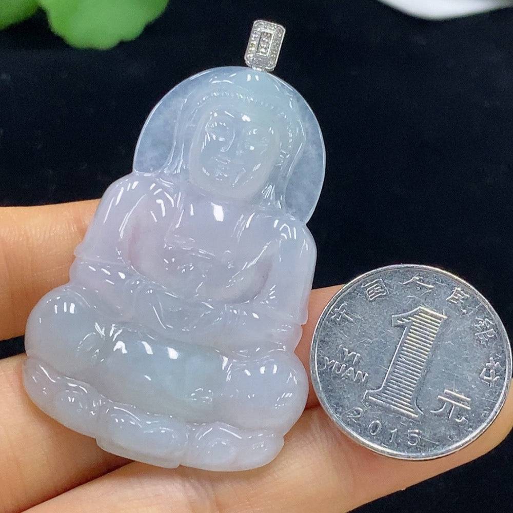 Huiliu Jadeite Guanyin pendant with diamond accents, crafted in jade, weighs approximately 17.22 grams, certified by HUILIU HQ.