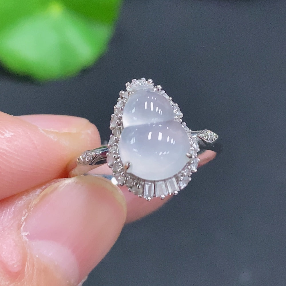 Jadeite Gourd Inlaid Ring 18K Gold Size 14 Total Weight Approx. 2.2g (With Diamond Accents)