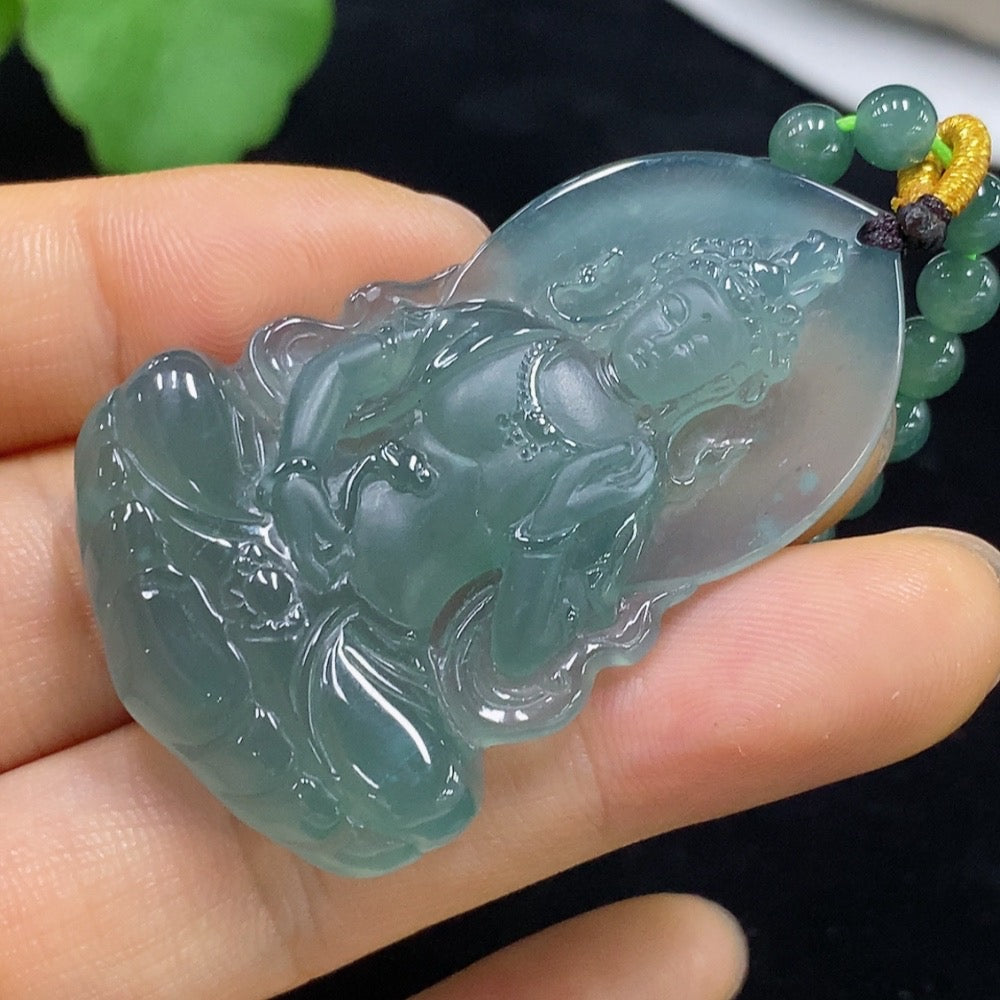 Jadeite Guanyin pendant with chain, crafted from jade, weighing approximately 38.18g, featuring detailed carving by HUILIU HQ.