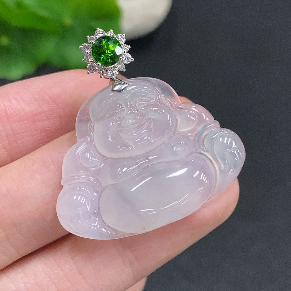Jadeite Buddha pendant with 18K gold clasp, accented with diamonds, weighing approximately 8.2g, from HUILIU HQ.