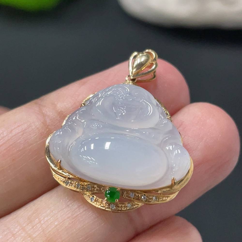 Huiliu Jadeite Buddha pendant with diamond accents, featuring detailed craftsmanship and a polished green jade surface.