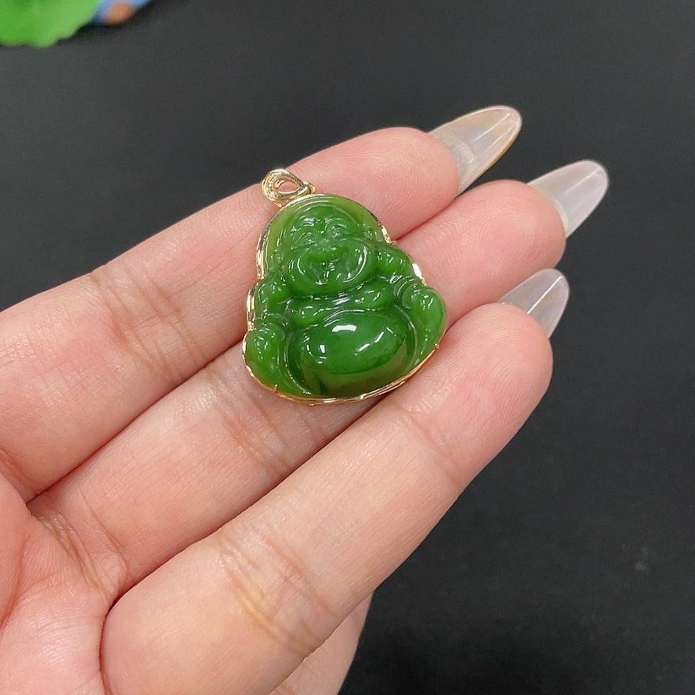 Huiliu certified Hetian jade pendant featuring a Buddha design with diamond accents, inlaid with intricate craftsmanship.