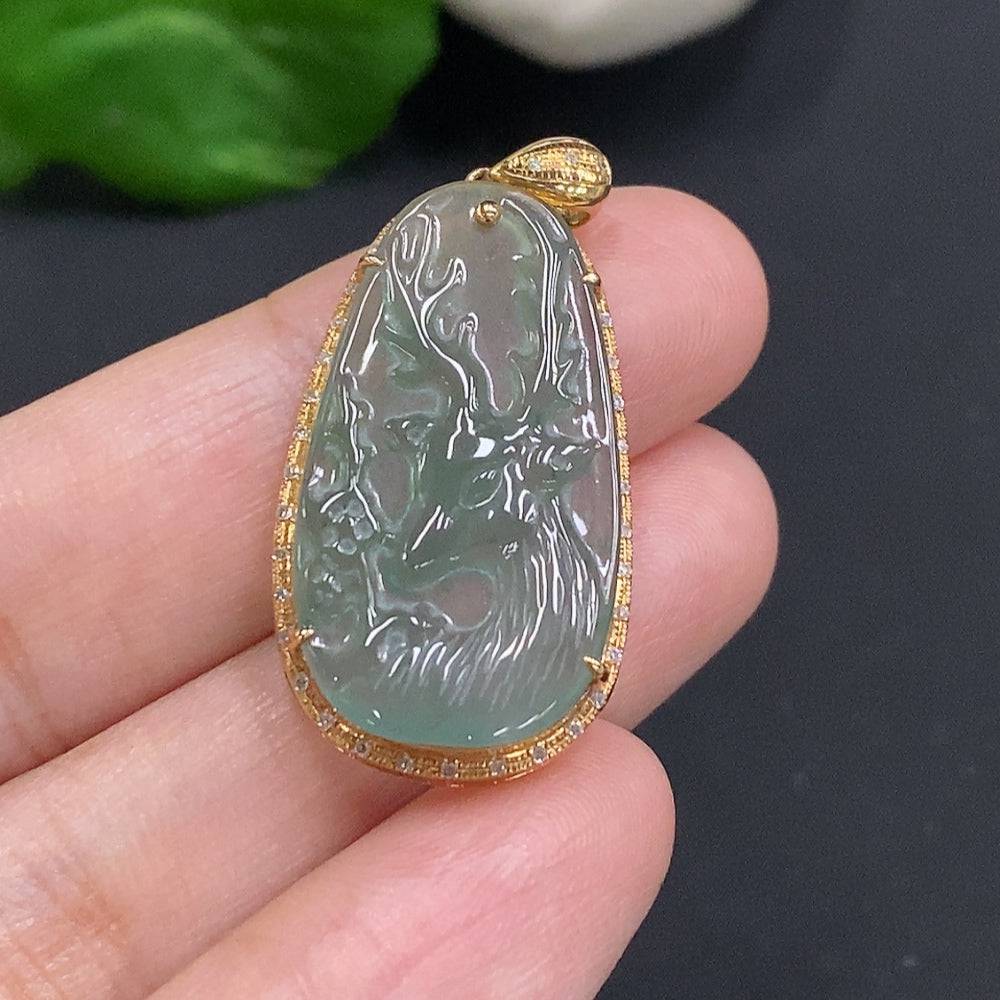 Huiliu Jadeite pendant with diamond accents in a secure setting, showcasing rich green jade and elegant craftsmanship.