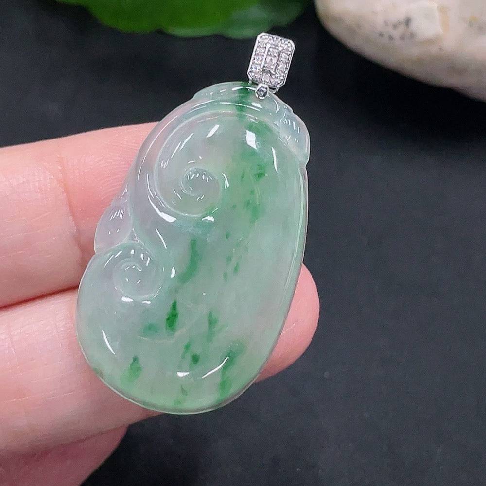 Jadeite Ruyi pendant with 18K gold and diamond accents, crafted by HUILIU HQ, showing intricate jade and gold details.