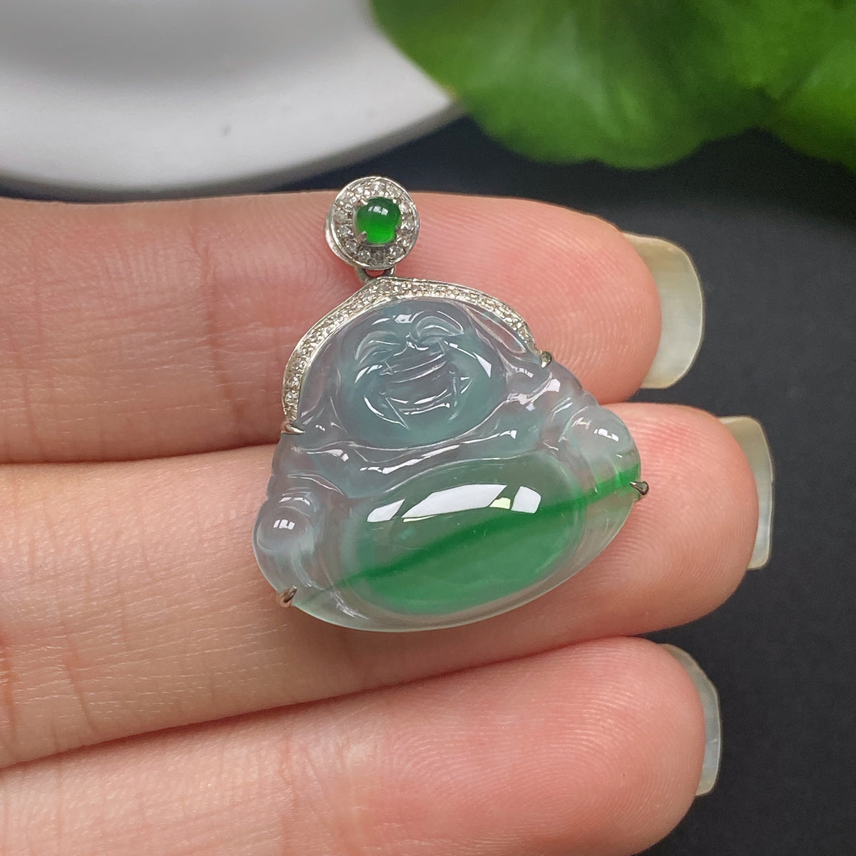 Jadeite Inlaid Pendant Buddha with Diamond Accents 18k Total Weight Approx. 2.85g